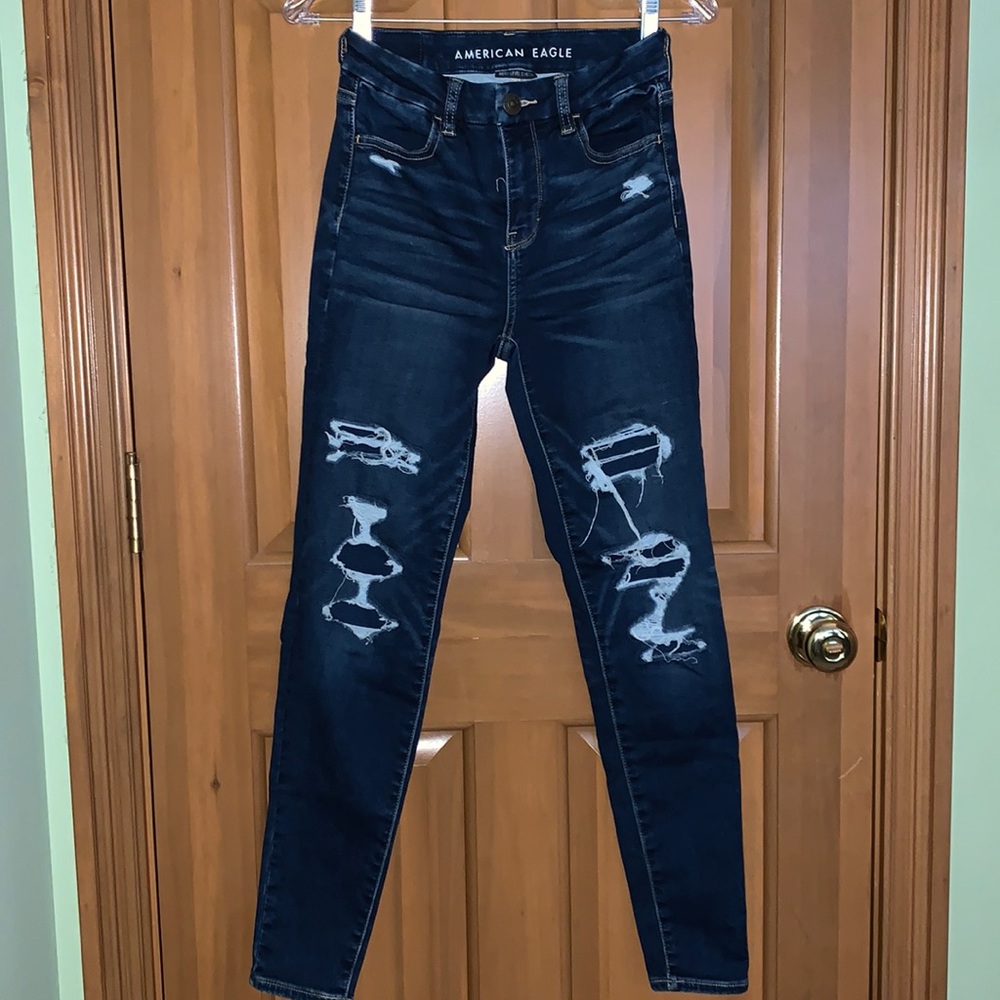American Eagle dark blue, ripped, skinny jeans, size 0